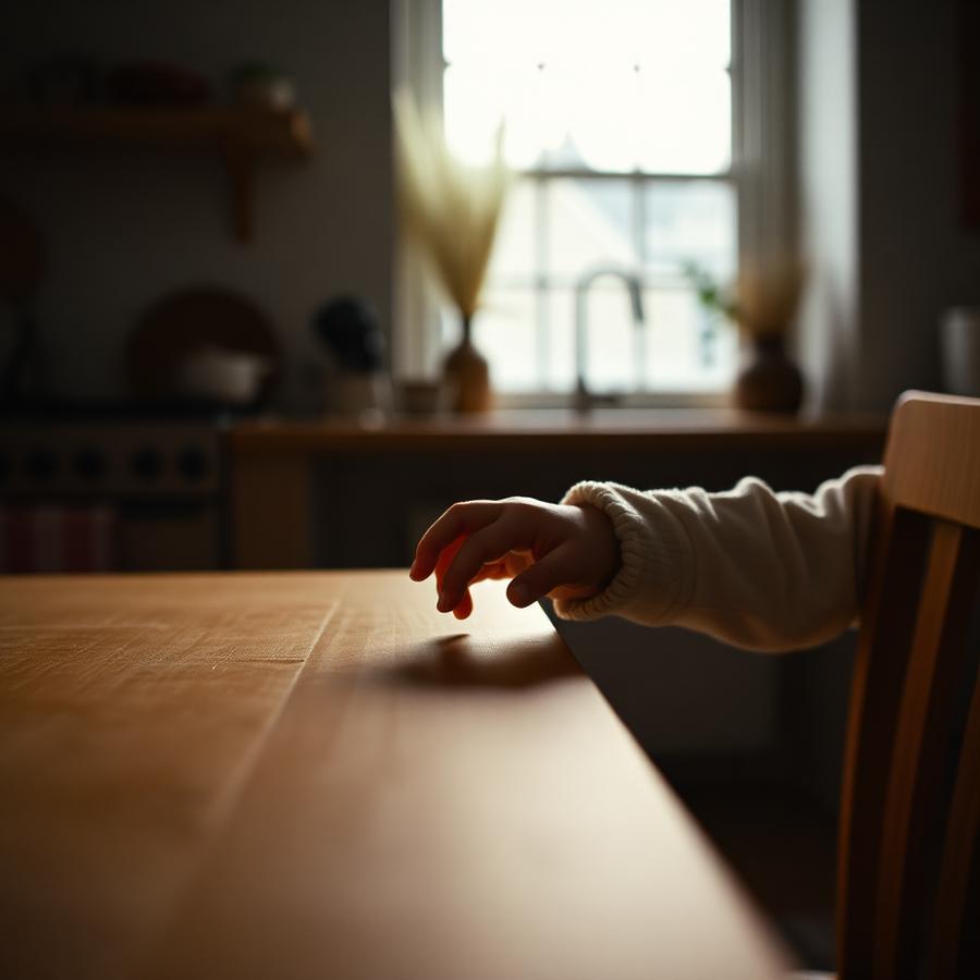 Barnehånd på kjøkkenbordet